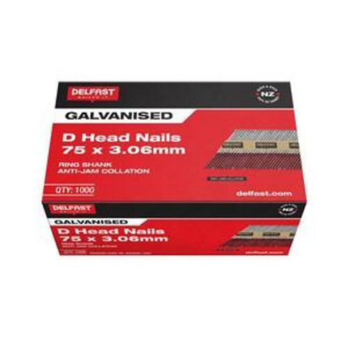 Gasless D-Head Nail - Delfast 75mm Ring Galvanised 1000 Box FN-JDN75RG-1000