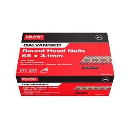 Roundhead Nails 65mm Galvanised Gasless Ring Shank 3000 Box - Delfast