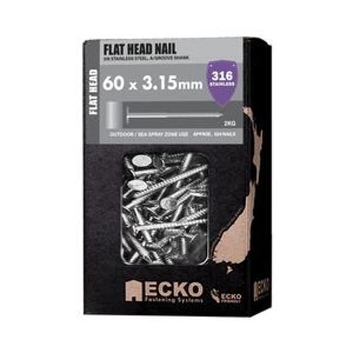 Nail Stainless Steel T316 Flat Head Annular Grooved 60 x - Ecko 3.15mm 2kg
