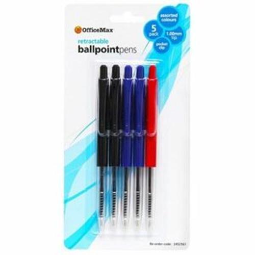 Ballpoint Pen Retractable - OfficeMax 1.0mm Medium Tip Assorted 5 Pack