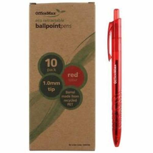 Ballpoint Pen Eco Recycled Retractable - OfficeMax 1.0mm Medium Tip Red 10 Pack