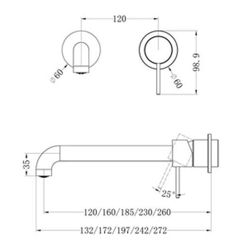 Mecca Wall Basin/Bath Mixer Separate Back Plate 185mm Trim Kit Brushed Gold