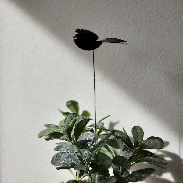 Mini Fantail plant stake featuring laser-cut acrylic and 3D polypropylene wings, elevating garden decor and supporting plants.