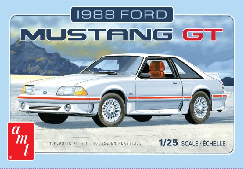 Unassembled 1/25 scale plastic model kit of the 1988 Mustang by AMT, perfect for car enthusiasts and hobbyists.