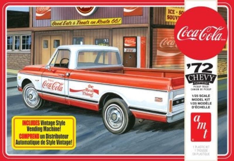 Detailed 1/25 scale model kit of a 1972 Chevy Pickup with Coca-Cola branding and vintage vending machine accessory.