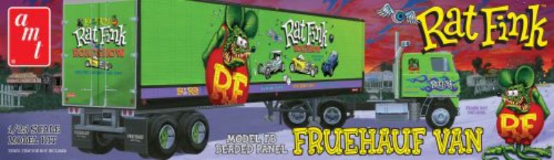 1/25 Fruehauf Van Trailer model kit featuring Rat Fink design, 140+ detailed parts, and realistic features for builders.