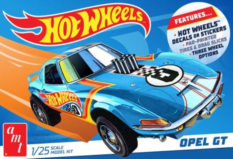 1/25 scale Hot Wheels Opel GT model kit with customizable engine options and detailed parts for model enthusiasts.