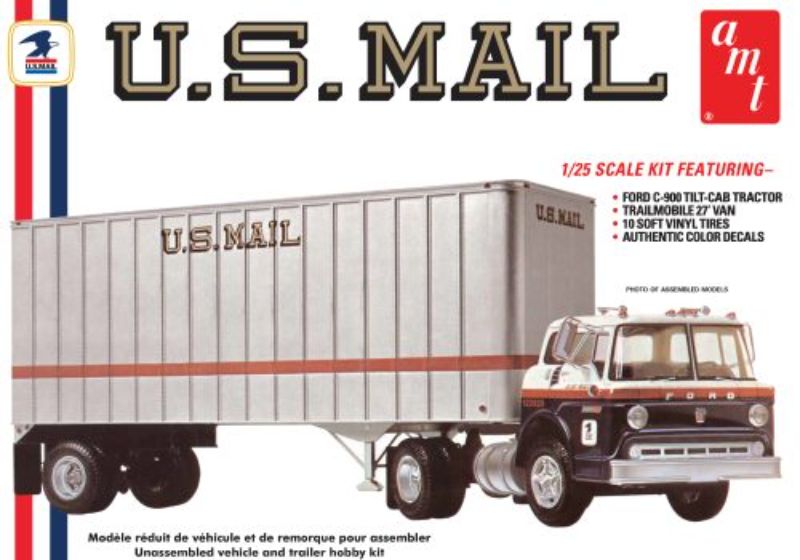 Detailed 1/25 scale model kit of the Ford C600 US Mail Truck & Trailer, featuring over 350 parts and customizable decals.