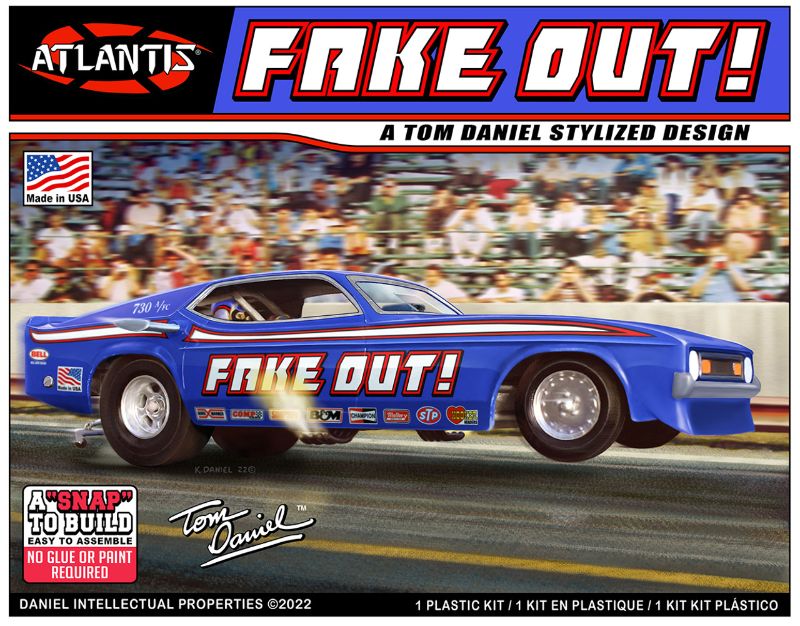 1/32 scale model kit of a funny car with detailed interior, blown hemi engine, and colorful decals designed by Kelly Daniel.