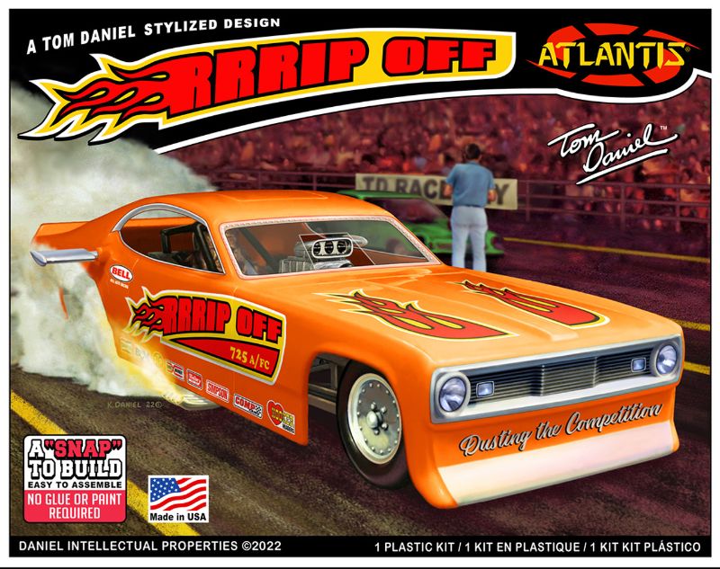 1/32 scale model of the 'RRRRip Off' Funny Car by Tom Daniel featuring a detailed interior and eye-catching colors.