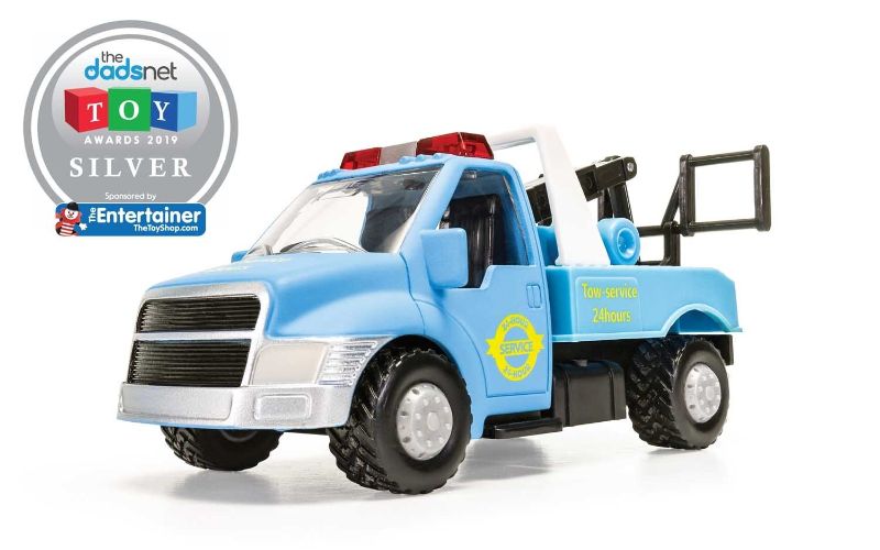 Diecast Tow Truck featuring a durable design, articulating towing arm, perfect for imaginative indoor and outdoor play.