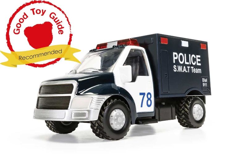 Diecast Police S.W.A.T Truck, detailed model for play and collection, made of durable die-cast metal and plastic.