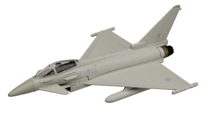 Diecast Eurofighter Typhoon model by Corgi, showcasing precise detailing and RAF heritage, perfect for collectors and aviation fans.