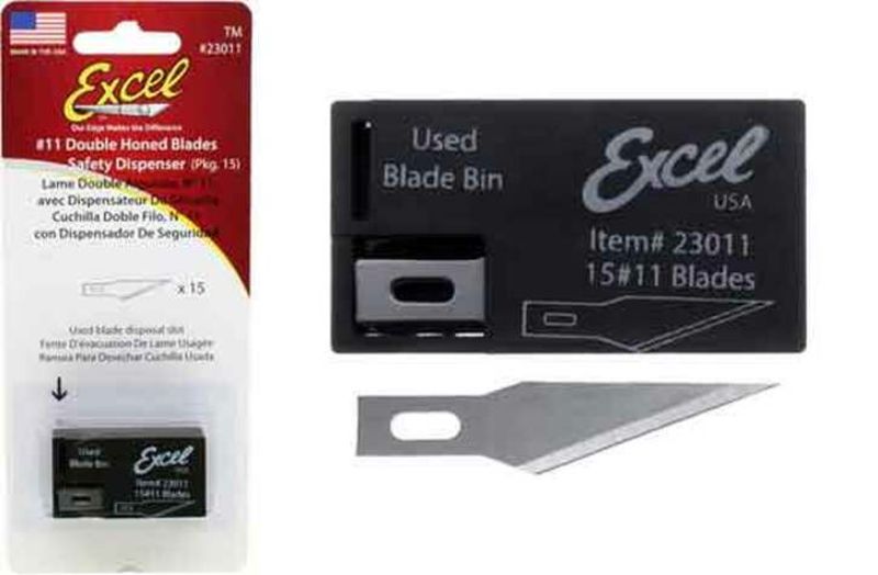 Excel #11 double honed replacement blades in dispenser, ideal for various crafting and cutting projects.