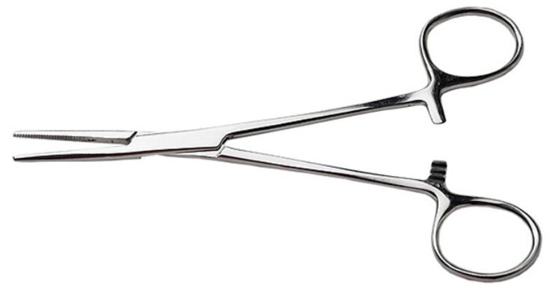 Stainless steel 5.5-inch curved nose hemostat with three locking positions for precise grasping and crafting needs.