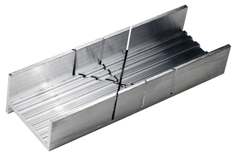 Aluminium mitre box designed for precision cuts at 45 and 90 degrees, ideal for hobbyists and woodworkers.