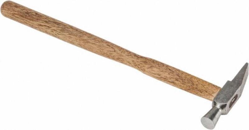 Compact tap hammer with forged steel head, flat and chisel faces, ergonomic hardwood handle, ideal for precision projects.