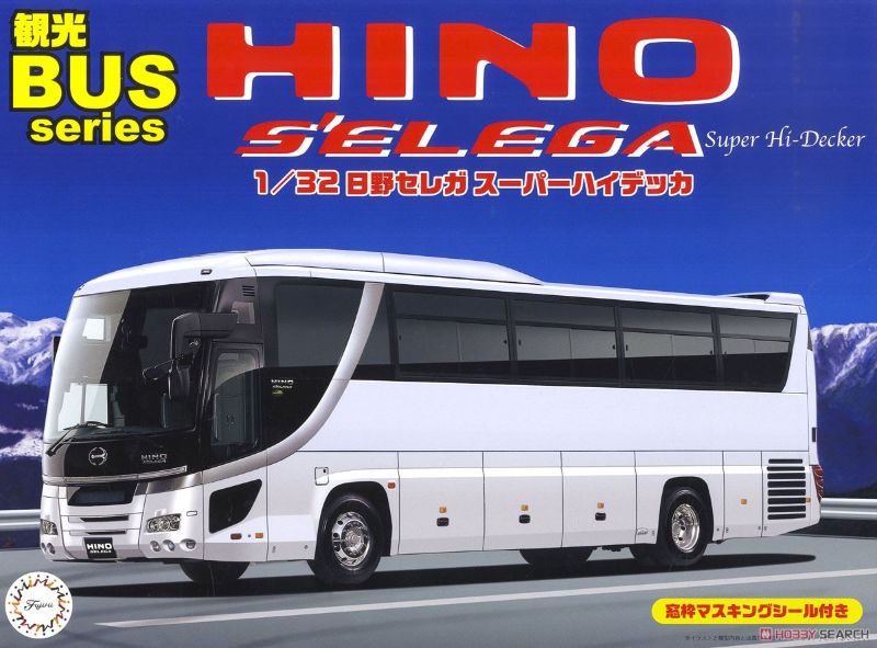 1/32 scale plastic kit of Hino S'elega SHD bus, requires glue and paint, ideal for ages 10 and up.