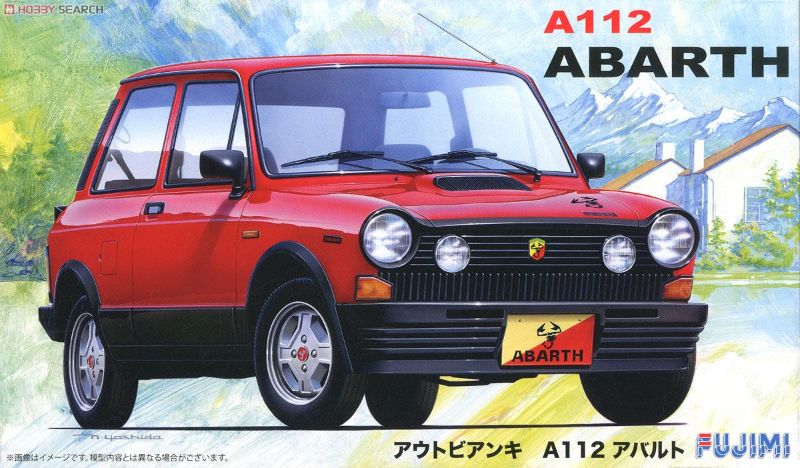Unassembled 1/24 scale plastic kit of Autobianchi A112 Abarth, requiring glue and paint for assembly.