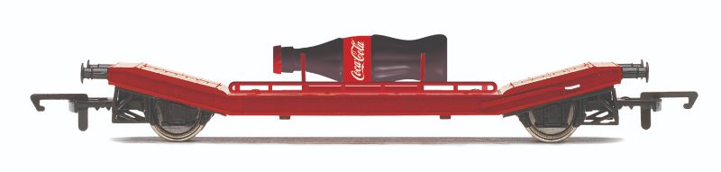 Hornby Lowmac wagon featuring vibrant Coca-Cola custom livery, perfect for enhancing model train layouts.