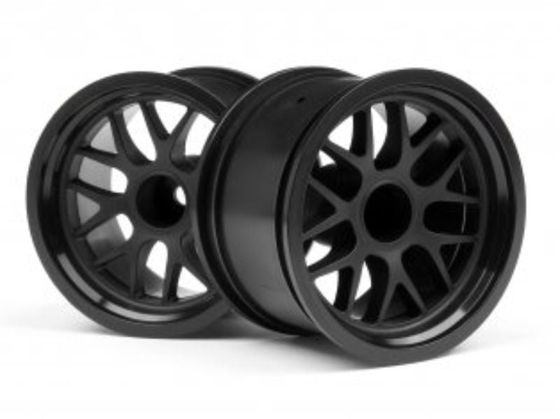 Black BBS 48x34mm rear wheel set for RC racing, enhances grip and stability for Falken Porsche 911 GT3 RSR.