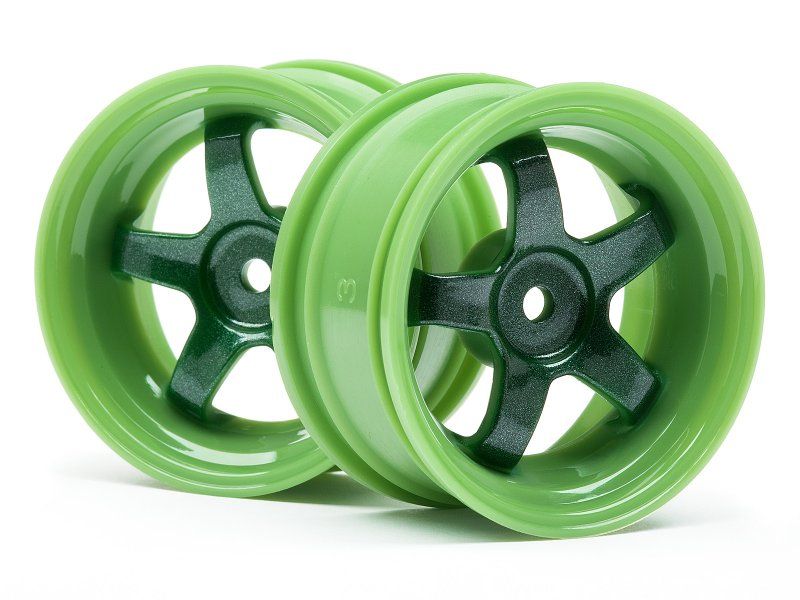 Green 1/10 scale radio control wheels, 3mm offset, durable nylon, perfect for racing and enhancing style.