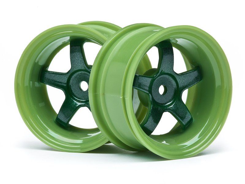 Green Work Meister S1 wheels for 1/10 scale RC cars, featuring 6mm offset and durable high-impact nylon design.