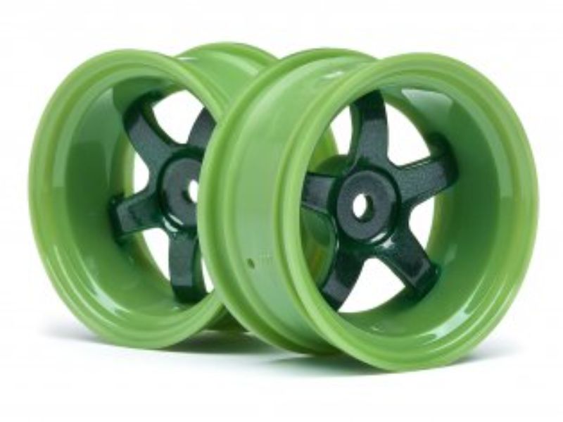 High-impact nylon 1/10 scale green wheels for RC cars, featuring 9mm offset and two-tone finish, ideal for racing.