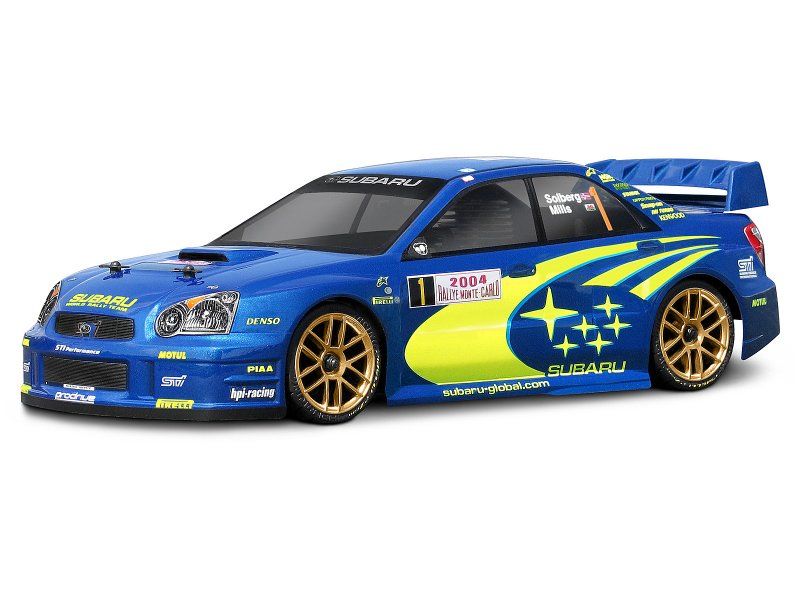 Detailed replica of Subaru Impreza WRC 2004 body for 1/10 touring cars with realistic decals and easy mounting features.