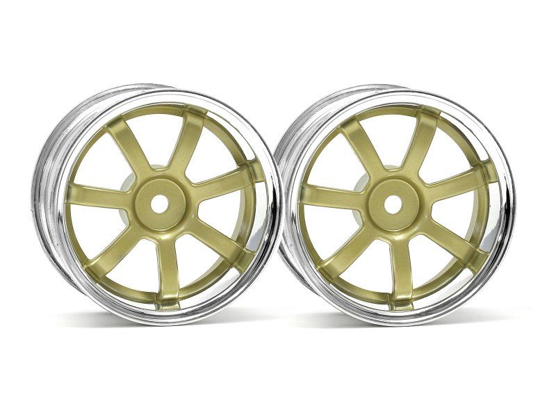 RAYS 26mm Ch/Gld wheels for 1/10 RC cars, offering improved grip and handling with a stylish 3mm offset design.