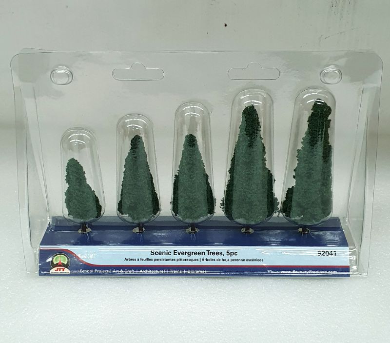 Set of 5 evergreen trees, heights ranging from 62mm to 112mm, perfect for model scenery and dioramas.