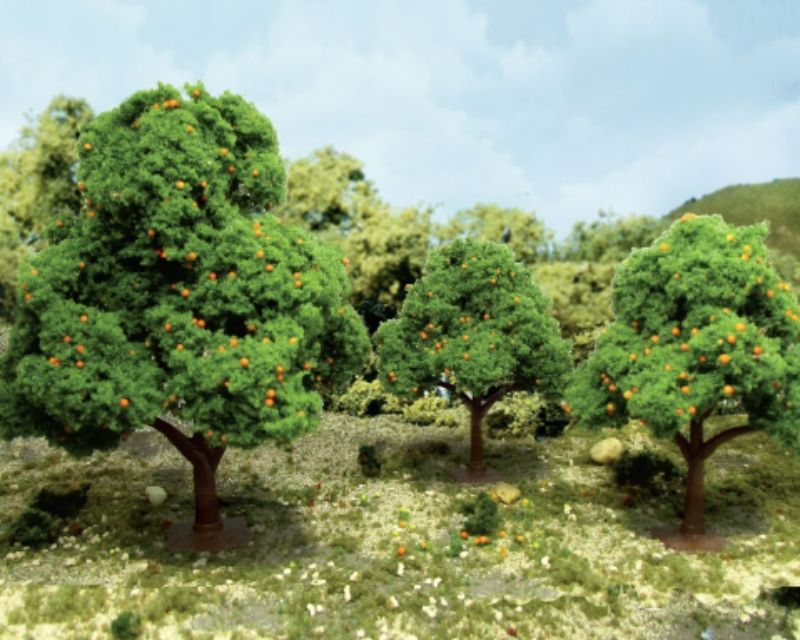 Set of 6 detailed orange trees, 2.5-3.5 inches tall, perfect for enhancing model landscapes with vibrant foliage and fruit.