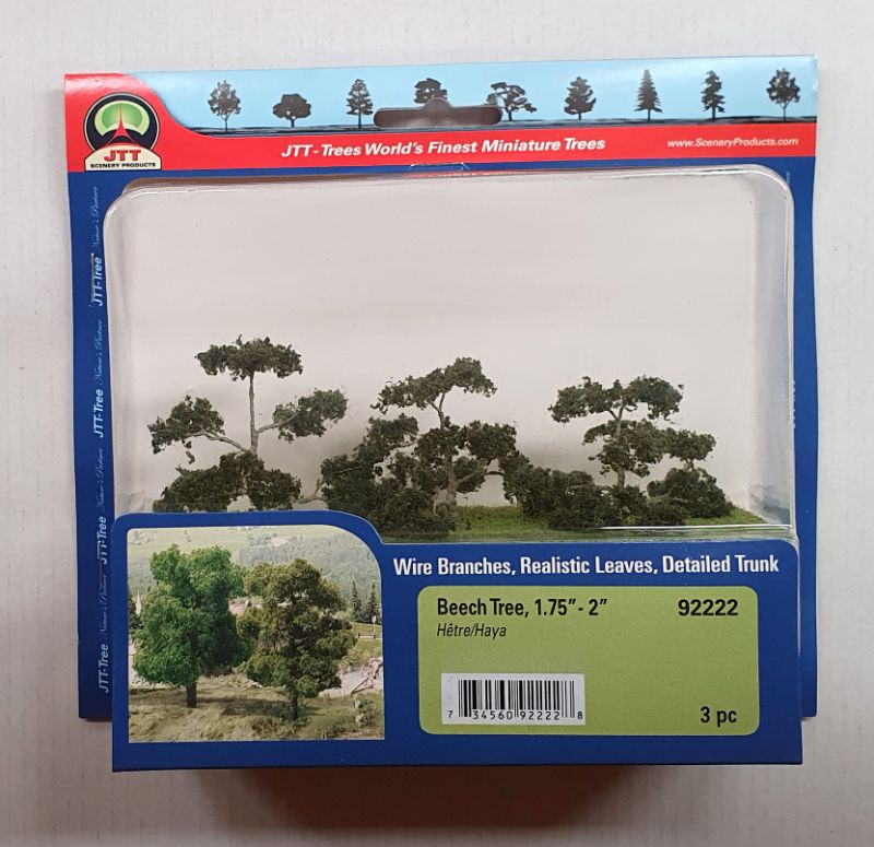 Set of 3 JJT Beech Trees, 44-50mm tall, featuring realistic detailing and vibrant foliage for model landscapes.