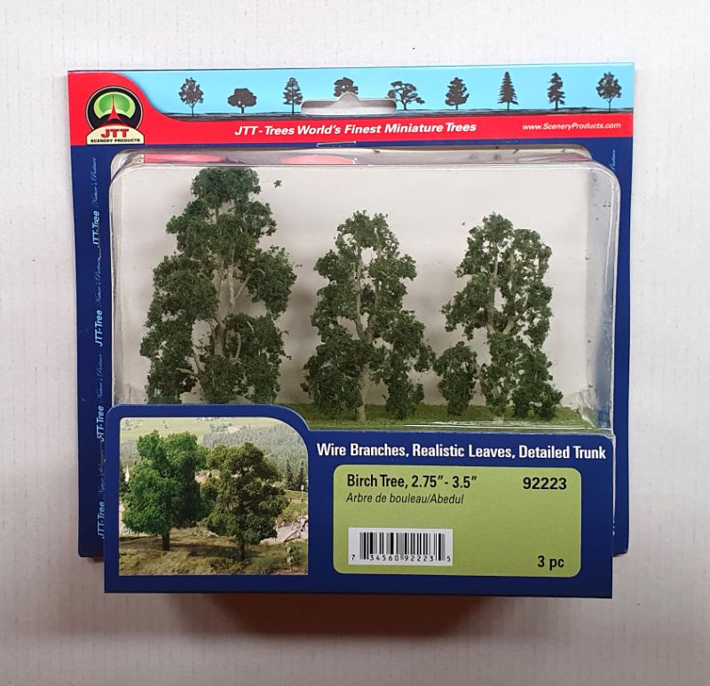 Set of 3 realistic birch trees (70-89mm) for model scenery, enhancing dioramas and miniature landscapes.
