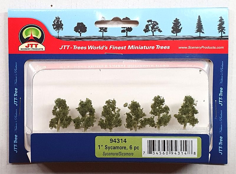 Six intricately designed 25.4mm sycamore trees for enhancing miniature landscapes, perfect for model railways and dioramas.