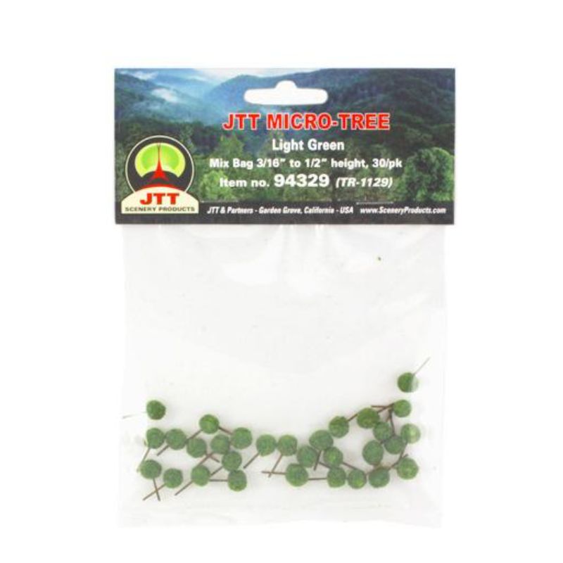 30 light green micro-trees designed to enhance model scenery with vibrant, realistic landscapes.