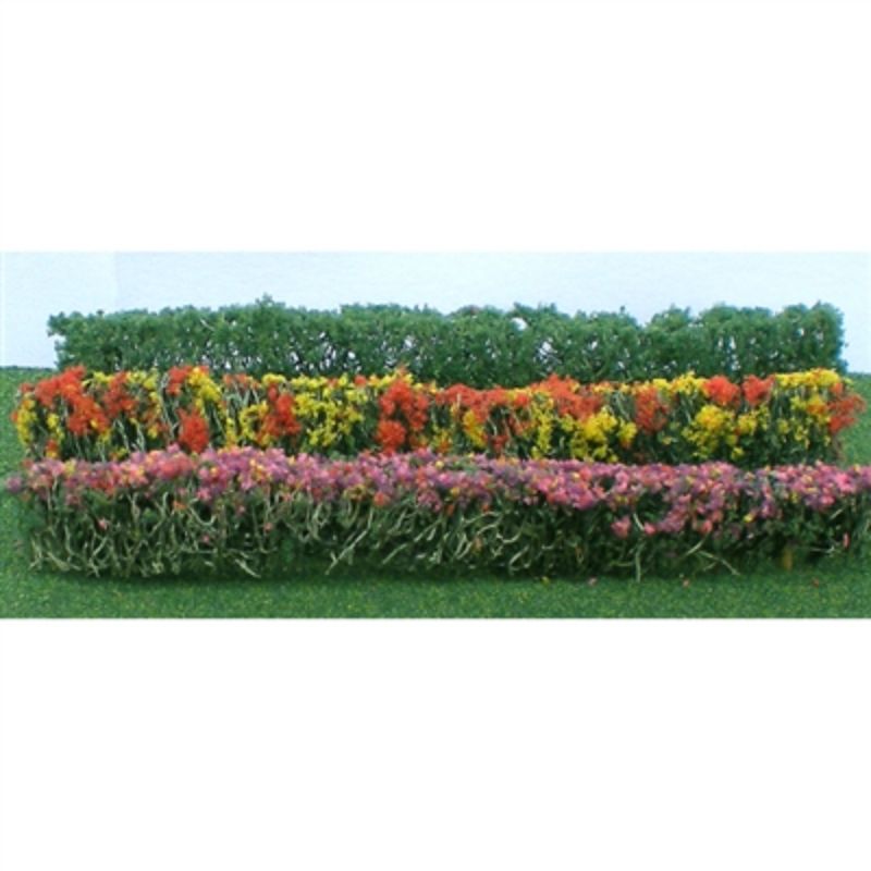 Colorful HO scale flower hedge assortment featuring 8 decorative pieces for model scenery.