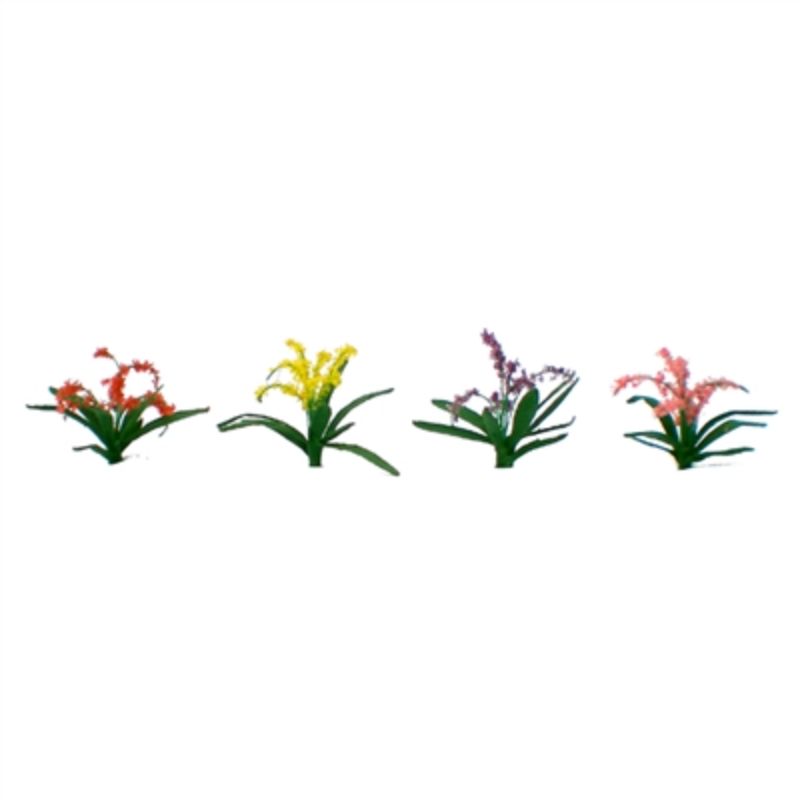Set of 30 vibrant 10mm flower plants for HO scale model railways and dioramas, enhancing realism and detail.