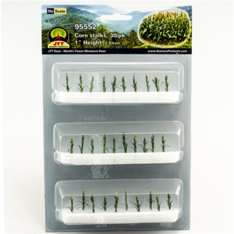 Realistic 25mm corn stalks, pack of 36, enhancing HO scale model railways and dioramas with lifelike detail.