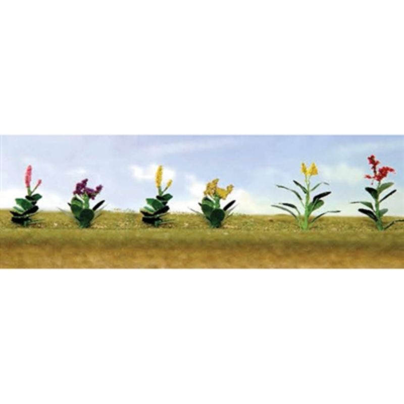 Vibrant assorted flower plants set for 1:48 scale model scenery, enhancing realism in dioramas and train layouts.