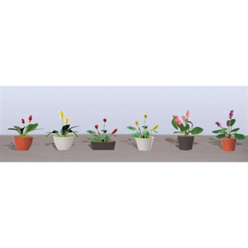 Vibrant assorted potted flower plants for model scenery, perfect for dioramas and railway models.