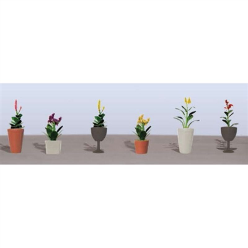 Assorted potted flower plants for O scale model scenery, enhancing dioramas and train layouts with vibrant detail.