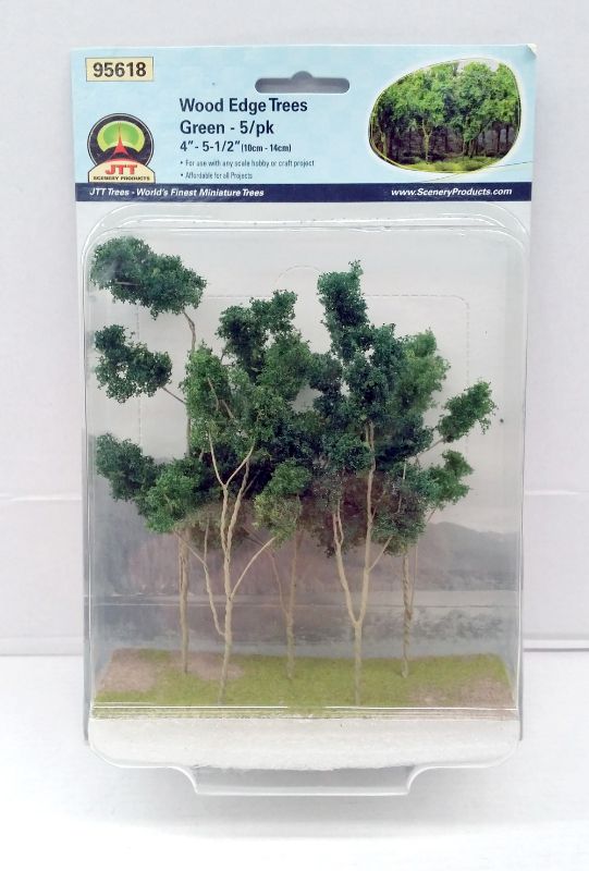 Set of 5 green wood edge trees for model scenery, ideal for enhancing dioramas or landscapes.
