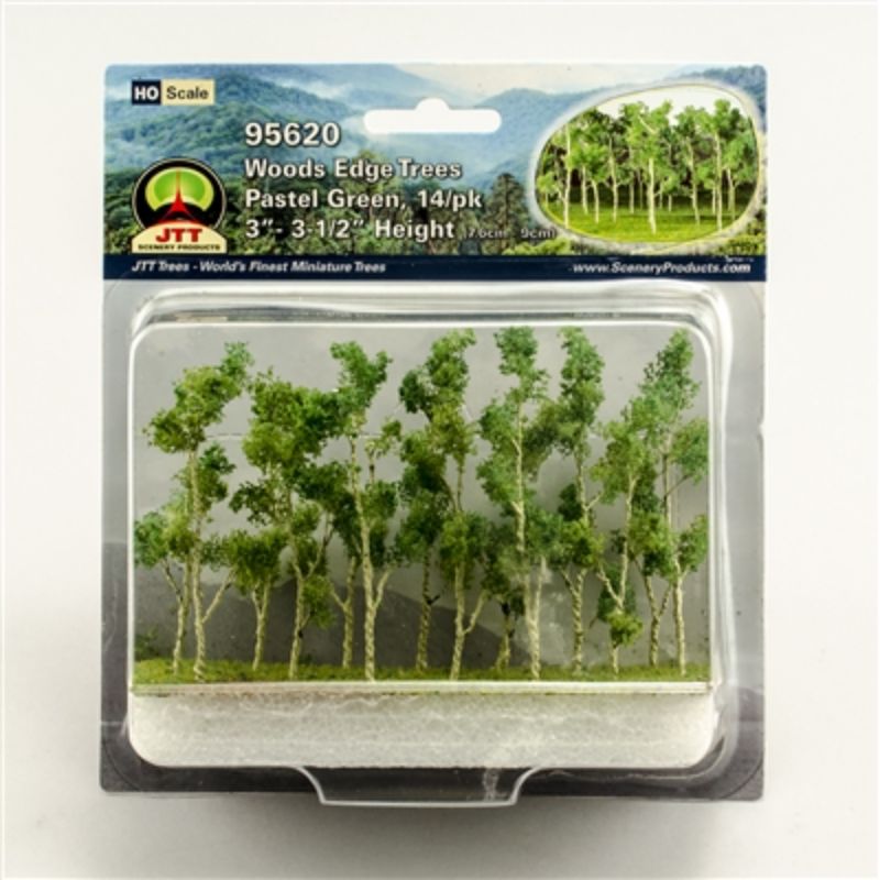 Realistic HO scale Wood Edge Trees in green, perfect for model scenery and railway dioramas.