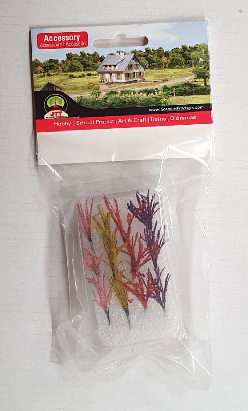 Vibrant JJT Model Flower Bushes in Road Pink, Yellow, and Purple for realistic model scenery and dioramas.