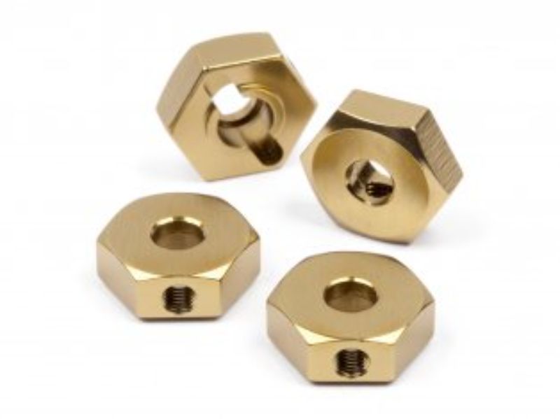 Aluminum locking wheel hex hubs in matte amber gold, ensuring secure fit and preventing loss on Strada cars.