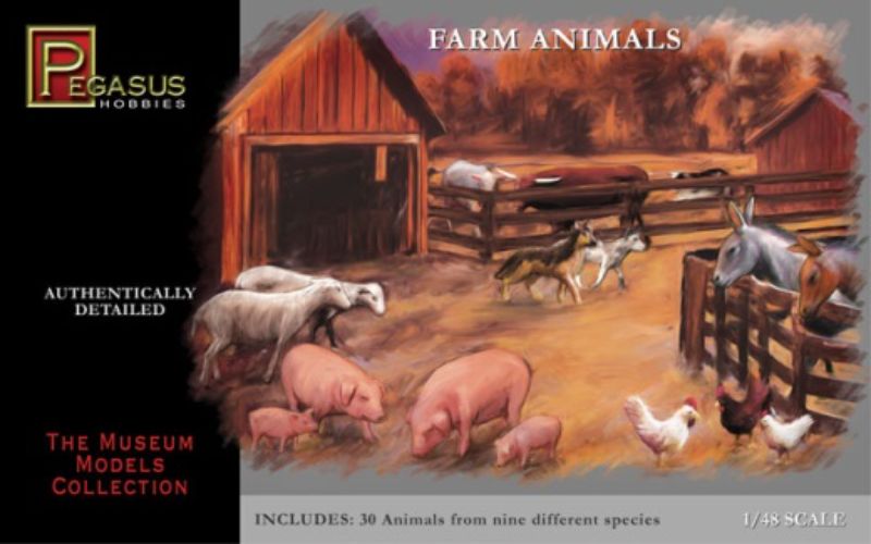 1/48 scale plastic farm animal model kit featuring cows, pigs, sheep, and chickens for dioramas and creative play.