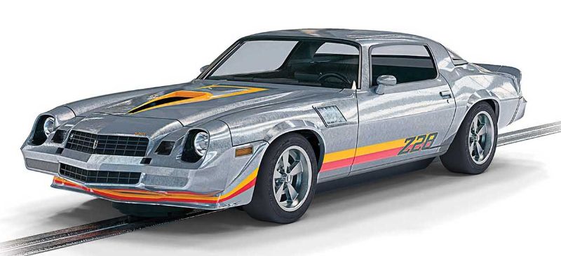 Scalextric Camaro Z28 Silver model, 1/32 scale, showcasing classic muscle car design with enhanced aerodynamics for exciting racing.