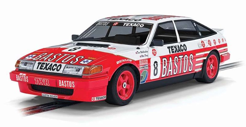 Scalextric Donington Rover Vitesse #8 slot car in iconic red and white livery, celebrating 1980s racing heritage.