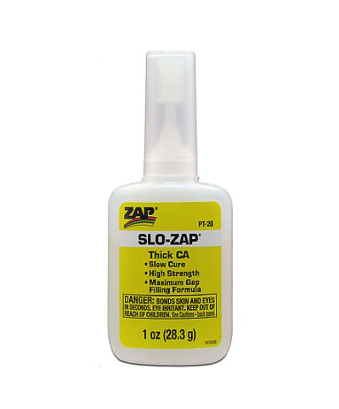 Slo-Zap CA Hobby Adhesive 28.3g, a thick, strong adhesive ideal for precise bonding in woodworking and crafting.